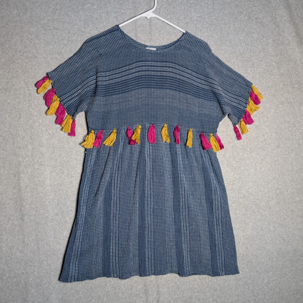 Ivy Jane Tunic Dress Womens Medium Blu Tassel Textured Cotton Summer Beach
